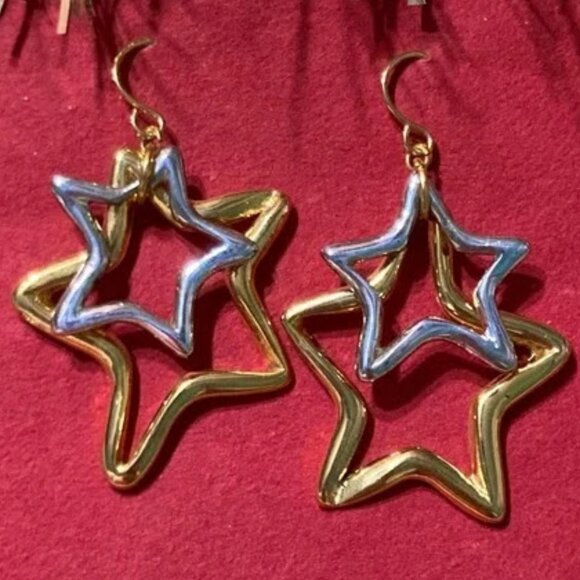 Museum Collection 2 Star Silver & Gold-tone Dangle Earrings Nickel Free - Picture 1 of 4